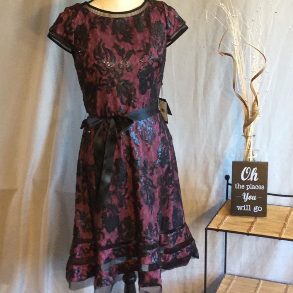 Adrianna Papell Black and Wine Floral Lace Overlay Dress